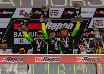 (left to right) Manthey EMA drivers Ayhancan Guven, Matt Campbell, and Laurens Vanthoor celebrate their 2024 Bathurst 12 Hour win. Image: InSyde Media