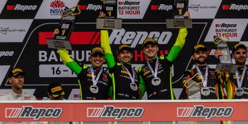 (left to right) Manthey EMA drivers Ayhancan Guven, Matt Campbell, and Laurens Vanthoor celebrate their 2024 Bathurst 12 Hour win. Image: InSyde Media