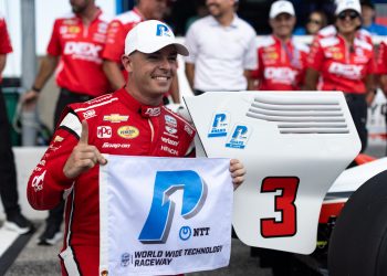 Scott McLaughlin celebrates his fourth IndyCar pole position of the season.