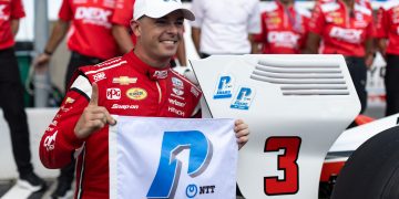 Scott McLaughlin celebrates his fourth IndyCar pole position of the season.