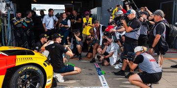 Media gather after the top 10 shoout at the 2024 Bathurst 12 Hour.