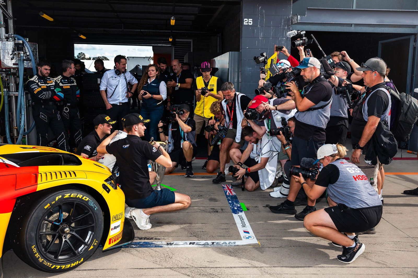 Media gather after the top 10 shoout at the 2024 Bathurst 12 Hour.