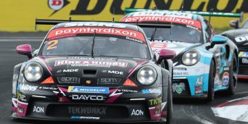 David Russell was a Carrera Cup winner, ahead of David Wood, in Race 3 of Porsche Carrera Cup at Mt Panorama. Image: InSyde Media