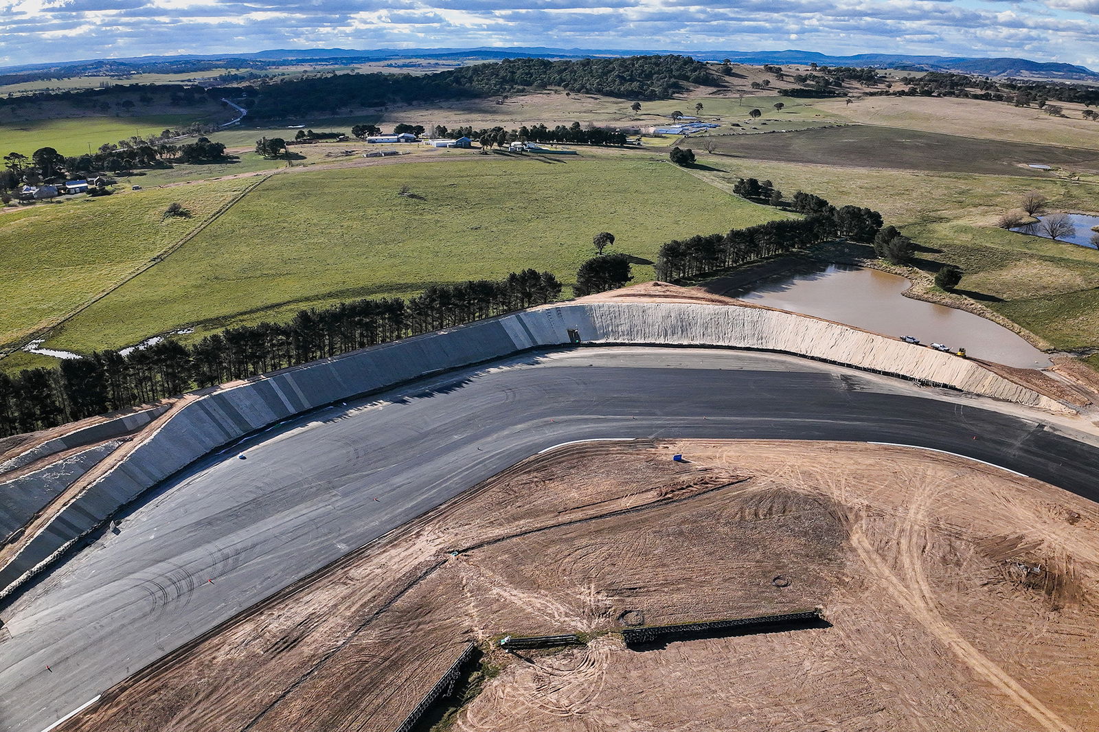 An aerial view of the reprofiled turn one at ONE Raceway. Image: Supplied