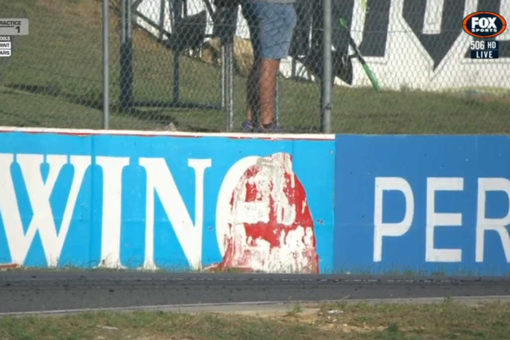 The witness mark of Cameron Hill's crash in Friday Supercars Championship practice at Wanneroo Raceway in Perth. Image: Fox Sports