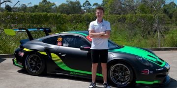 Bayley Hall and his very green McElrea Racing Porsche 992 GT3 Cup Car. Image: Supplied