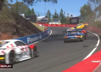 Charles Weerts rides the wall at The Cutting after contact with the Ginetta. Image: World feed