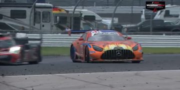 Chaz Mostert was hit by Louis Deletraz during the Battle on the Bricks at Indianapolis Motor Speedway, causing the Mercedes-AMG GT3 to go off into the grass.