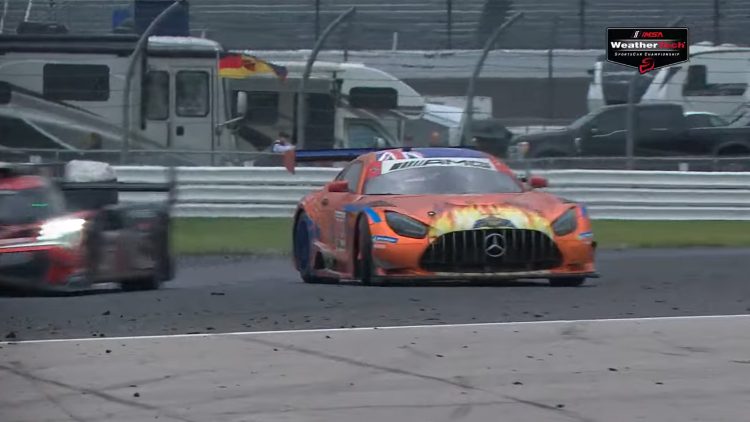 Chaz Mostert was hit by Louis Deletraz during the Battle on the Bricks at Indianapolis Motor Speedway, causing the Mercedes-AMG GT3 to go off into the grass.