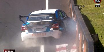 Cody Burcher crashes at the top of Mount Panorama during Practice 1 of Dunlop Series at the Bathurst 1000.