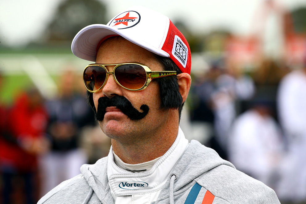 Craig Lowndes looking like a cross between Burt Reynolds and Emerson Fittipaldi 