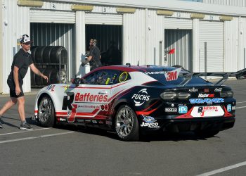 Andre Heimgartner about to start a run in the R&J Batteries Camaro at the Winton Supercars test day. Image: Russell Colvin