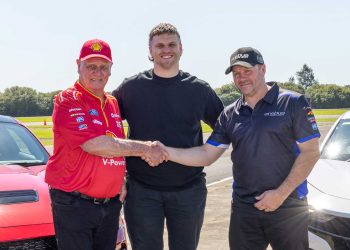 Dick Johnson and Barry Ryan shake hands during Brodie Kostecki's driver announcement in August.