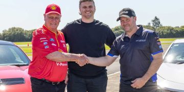 Dick Johnson and Barry Ryan shake hands during Brodie Kostecki's driver announcement in August.