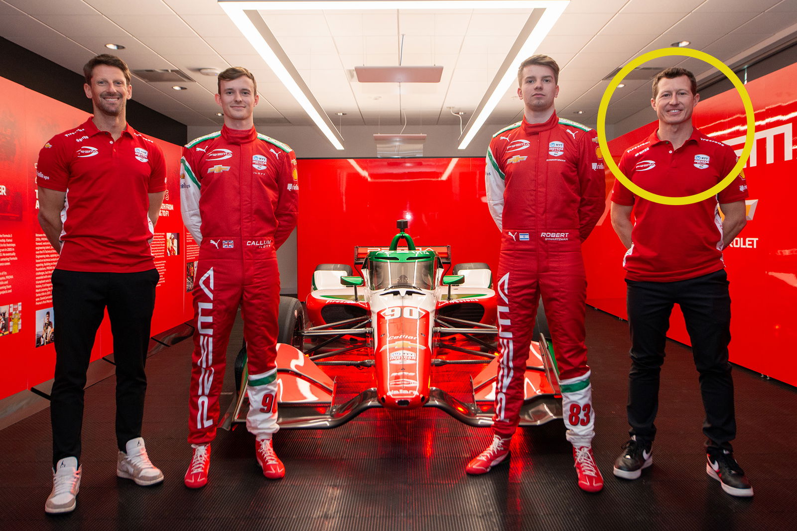 Ryan Briscoe (circled) with drivers Romain Grosean (from left), Callum Ilott, and Robert Schwartzman.