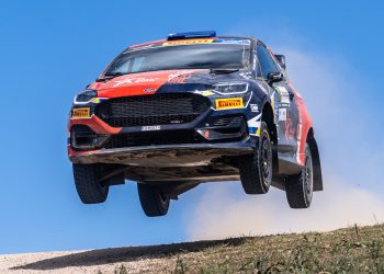 Taylor Gill flies through the air in his Ford Fiesta Rally3.