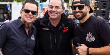 Dave Kindig (left) and Kevin Schiele (right) with Supercars legend Craig Lowndes.