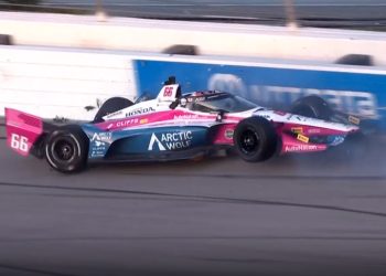 David Malukas crashes at Gateway after contact with Will Power.