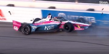 David Malukas crashes at Gateway after contact with Will Power.