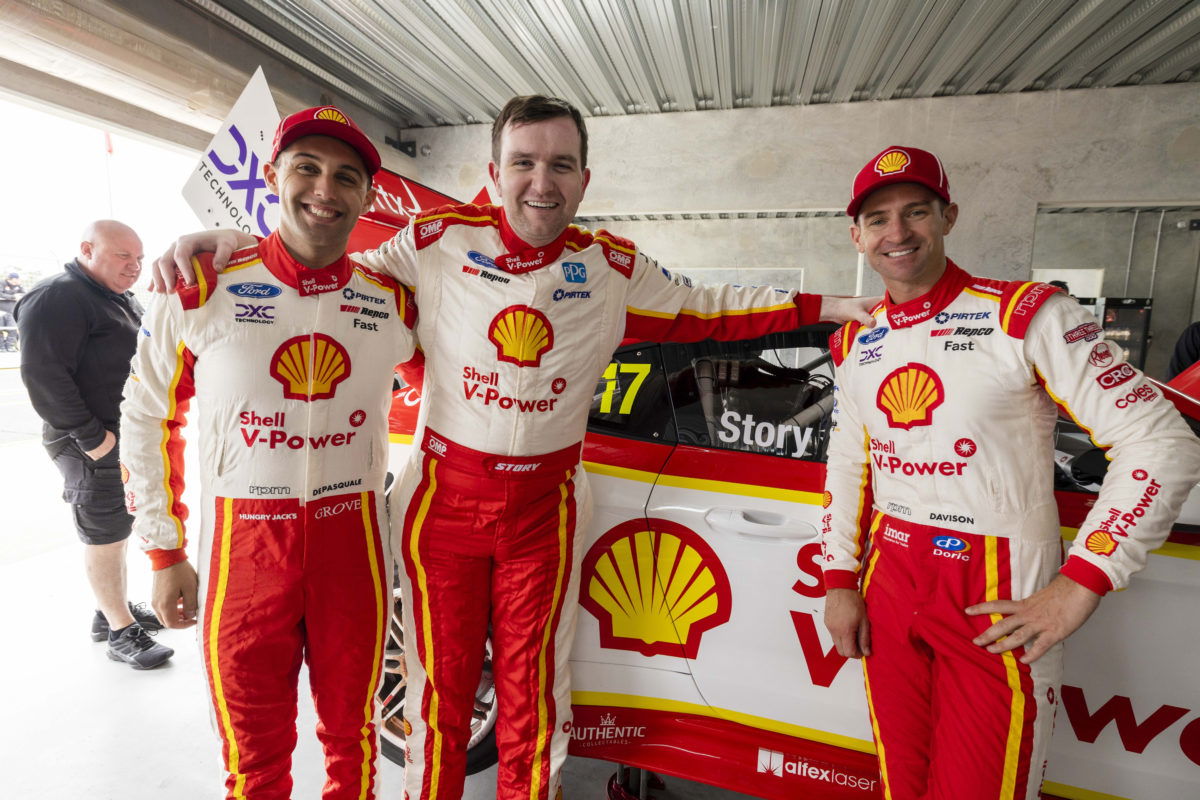 Ryan Story (centre), pictured with DJR drivers Anton De Pasquale (left) and Will Davison (right), can be revealed as the man behind the Ford Supercars parity changes. Image: Shell V-Power Racing Team