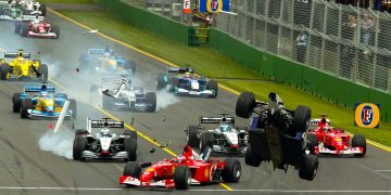 Ralph Schumacher crashes spectacularly at the start of the 2002 Australian GP. Image: Dirk Klynsmith