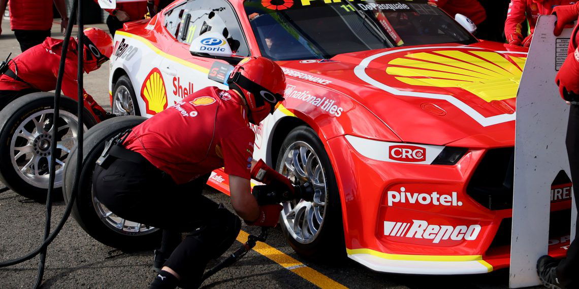 The Shell V-Power Racing Team practices at pit stop at Sydney Motorsport Park.