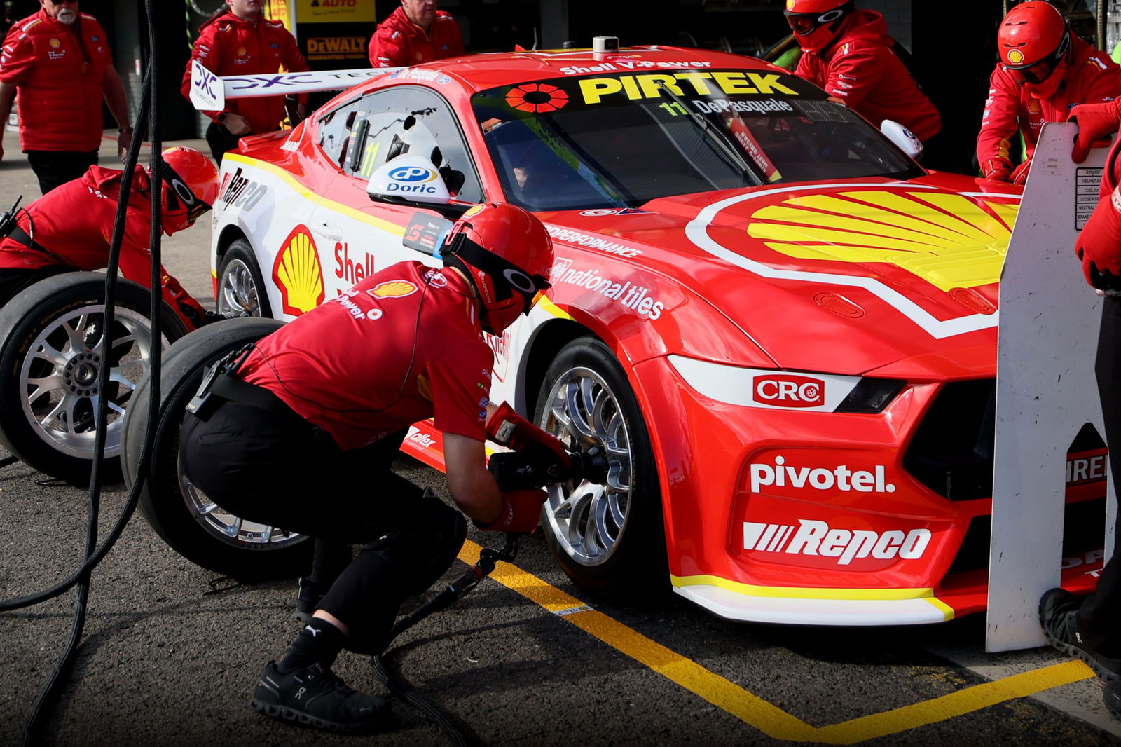 The Shell V-Power Racing Team practices at pit stop at Sydney Motorsport Park.