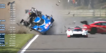 Earl Bamber has been penalised for causing this crash in the World Endurance Championship race at Spa-Francorchamps. Image: World Endurance Championship television world feed