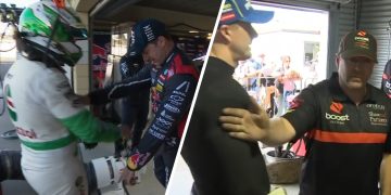 (Left image) Thomas Randle is pushed out of the Triple Eight garage by Mark Dutton compared with (right image) Barry Ryan pushing Mark Winterbottom.