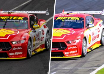 A comparison of the #11 DJR Ford Mustang at Adelaide in November 2023 (left) and Queensland Raceway last week (right)