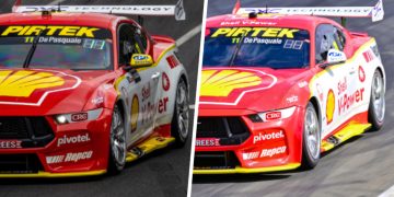 A comparison of the #11 DJR Ford Mustang at Adelaide in November 2023 (left) and Queensland Raceway last week (right)
