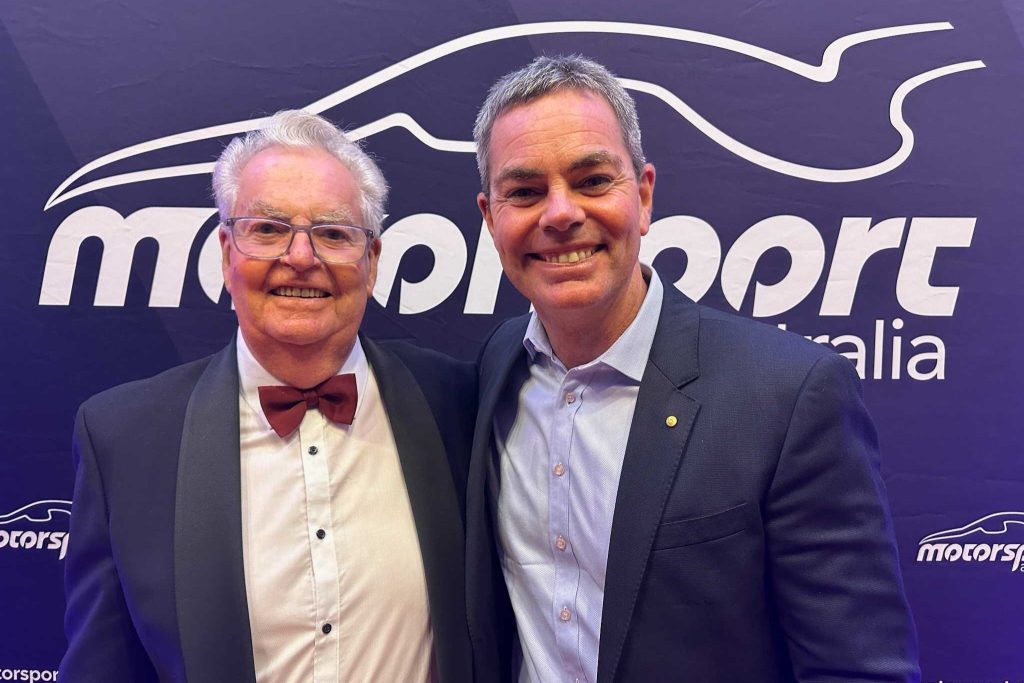 Frank Lowndes (left) with son Craig after being bestowed Motorsport Australia life membership. Image: Speedcafe