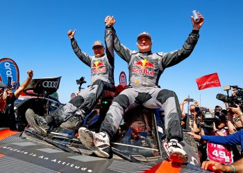 Carlos Sainz (right of shot) and navigator Lucas Cruz are the 2024 Dakar Rally champions. Image: Team Audi Sport Twitter