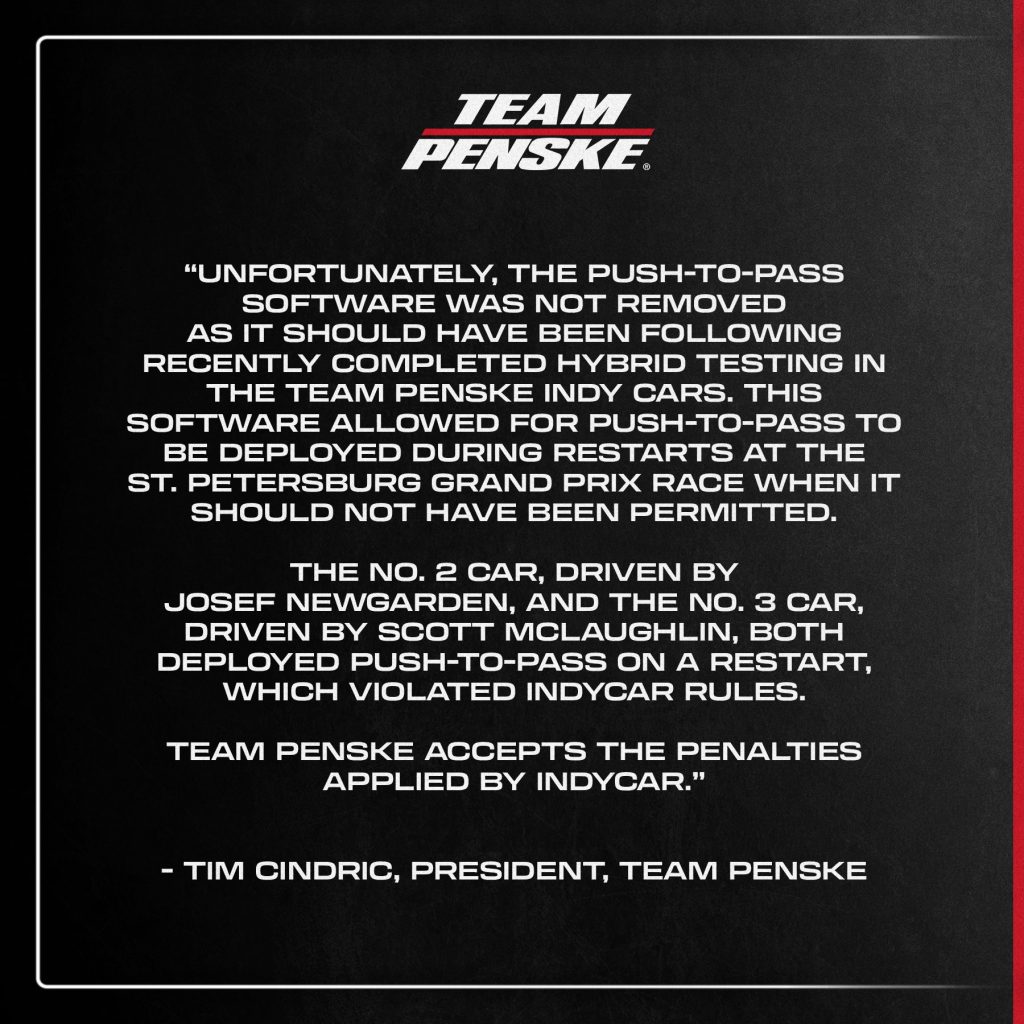 Team Penske statement on the Josef Newgarden and Scott McLaughlin disqualifications