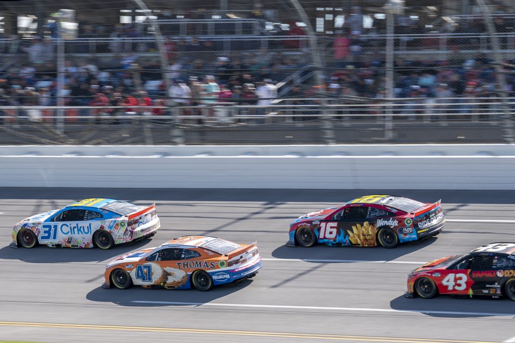 Shane van Gisbergen (#16) was learning the art of plate racing in his NASCAR Cup Series oval debut at Talladega. Image: Chris Rice (Kaulig Racing President) X