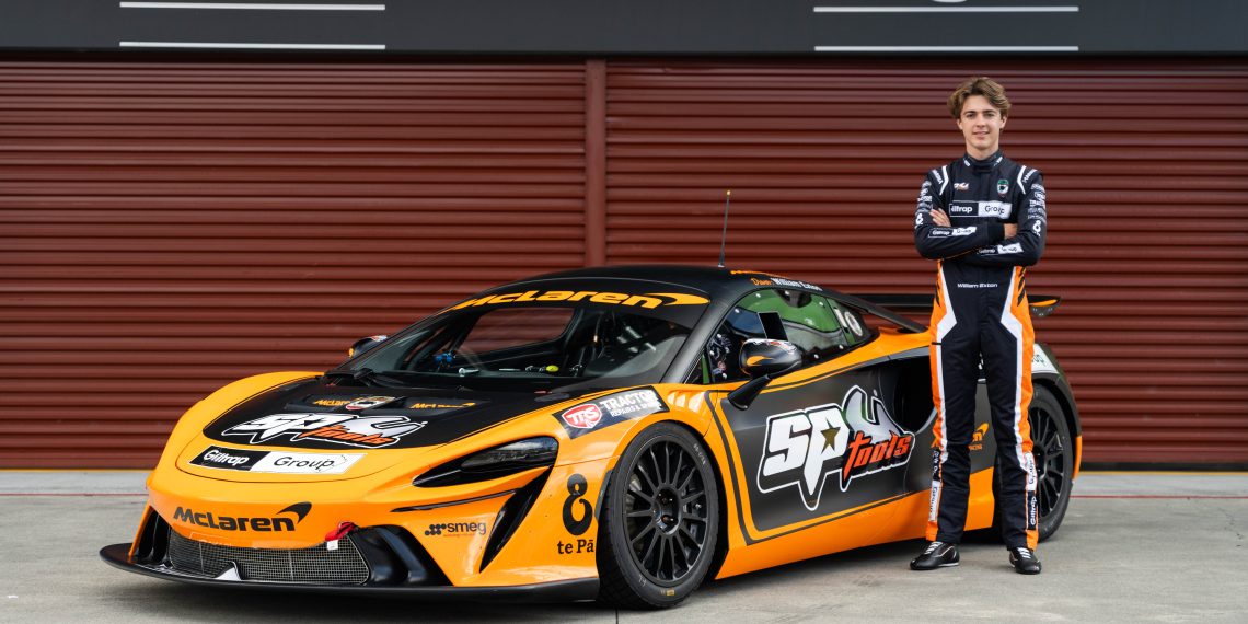 Giltrap Motorsport Junior Scholarship winner William Exton and his McLaren Artura GT4.