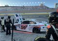 Shane van Gisbergen's #97 Chevrolet Camaro parked in pit lane with engine issues as Las Vegas Motor Speedway.