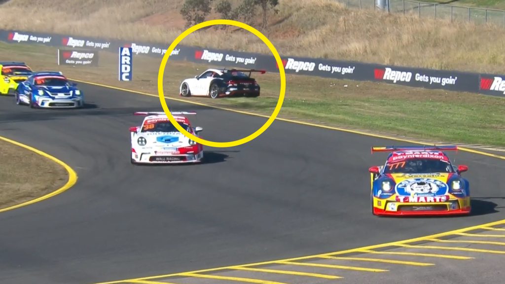 Garth Tander (circled) faces the wrong way after contact with Marcos Flack in Porsche Carrera Cup Australia qualifying at Sydney Motorsport Park.