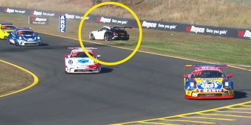 Garth Tander (circled) faces the wrong way after contact with Marcos Flack in Porsche Carrera Cup Australia qualifying at Sydney Motorsport Park.