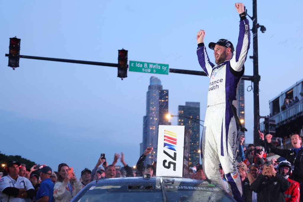 CHICAGO, ILLINOIS - JULY 02: Shane Van Gisbergen, driver of the #91 Enhance Health Chevrolet, celebrates in victory lane after winning the NASCAR Cup Series Grant Park 220 at the Chicago Street Course on July 02, 2023 in Chicago, Illinois. (Photo by Michael Reaves/Getty Images)