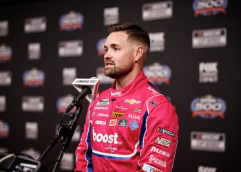 DAYTONA BEACH, FLORIDA - FEBRUARY 14: Ricky Stenhouse Jr speaks to the Media during the NASCAR Cup Series 66th Annual Daytona 500 Media Day at Daytona International Speedway on February 14, 2024 in Daytona Beach, Florida. (Photo by James Gilbert/Getty Images)