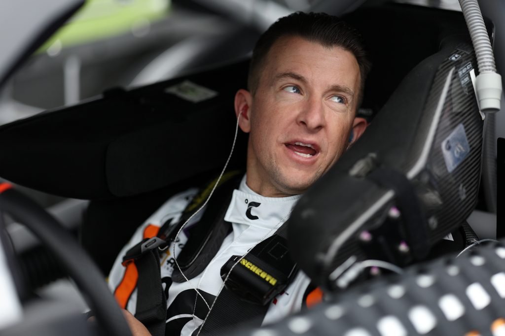 DAYTONA BEACH, FLORIDA - FEBRUARY 17: AJ Allmendinger, driver of the #16 Celsius Chevrolet, sits in his car during qualifying for the NASCAR Xfinity Series United Rentals 300 at Daytona International Speedway on February 17, 2024 in Daytona Beach, Florida. (Photo by Matthew Stockman/Getty Images)
