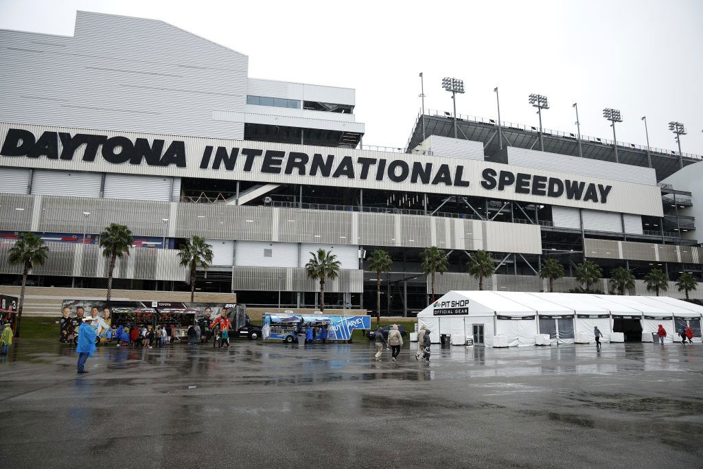 An outside shot of a wet Daytona International Speedway on the weekend of the 2024 Daytona 500