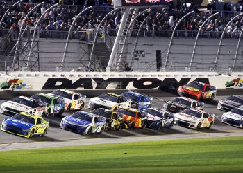 Ryan Blaney leads the field during the NASCAR Cup Series 2024 Daytona 500.