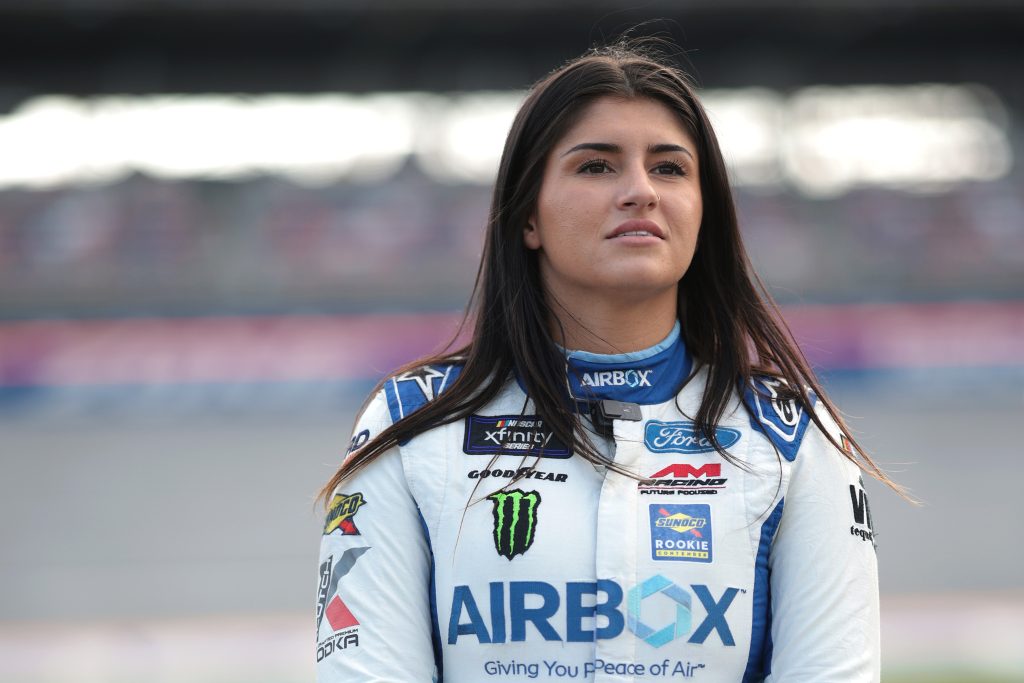 TALLADEGA, ALABAMA - APRIL 19: Hailie Deegan, driver of the #15 AirBox Ford, looks on during qualifying for the NASCAR Xfinity Series  Ag-Pro 300 at Talladega Superspeedway on April 19, 2024 in Talladega, Alabama. (Photo by James Gilbert/Getty Images)