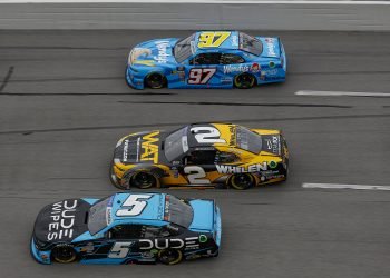 TALLADEGA, ALABAMA - APRIL 20: Anthony Alfredo, driver of the #5 Dude Wipes Chevrolet, Jesse Love, driver of the #2 WAT Chevrolet, and Shane Van Gisbergen, driver of the #97 Wendy's Chevrolet, race during the NASCAR Xfinity Series Ag-Pro 300 at Talladega Superspeedway on April 20, 2024 in Talladega, Alabama. (Photo by Sean Gardner/Getty Images)