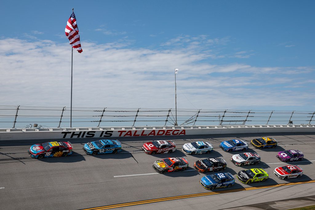 TALLADEGA, ALABAMA - APRIL 21: Shane Van Gisbergen, driver of the #16 Wendy's Chevrolet, Anthony Alfredo, driver of the #62 Dude Wipes Chevrolet, Noah Gragson, driver of the #10 Overstock.com Ford, and Austin Dillon, driver of the #3 Bass Pro Shops Chevrolet, race during the NASCAR Cup Series GEICO 500 at Talladega Superspeedway on April 21, 2024 in Talladega, Alabama. (Photo by James Gilbert/Getty Images)