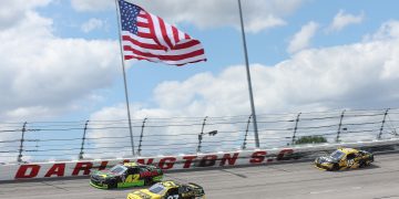 DARLINGTON, SOUTH CAROLINA - MAY 11: Shane van Gisbergen, driver of the #97 Quad Lock Chevrolet, Leland Honeyman, driver of the #42 RANDCO Industries Chevrolet, and Taylor Gray, driver of the #19 Operation 300 Toyota, race during the NASCAR Xfinity Series Crown Royal Purple Bag Project 200 at Darlington Raceway on May 11, 2024 in Darlington, South Carolina. (Photo by Meg Oliphant/Getty Images)