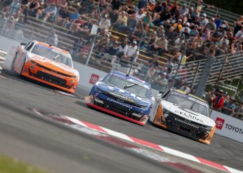 PORTLAND, OREGON - JUNE 01: Sam Mayer, driver of the #1 RTIC Outdoors Chevrolet, Parker Kligerman, driver of the #48 Spiked Lite Coolers Chevrolet, and AJ Allmendinger, driver of the #16 Cirkul Chevrolet, race during the NASCAR Xfinity Series Pacific Office Automation 147 at Portland International Raceway on June 01, 2024 in Portland, Oregon. (Photo by Meg Oliphant/Getty Images)