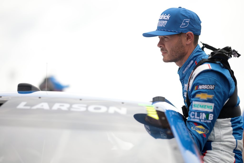 NEWTON, IOWA - JUNE 15: Kyle Larson, driver of the #5 HendrickCars.com Chevrolet, looks on during the NASCAR Xfinity Series Hy-Vee Perks 250 at Iowa Speedway on June 15, 2024 in Newton, Iowa. (Photo by James Gilbert/Getty Images)